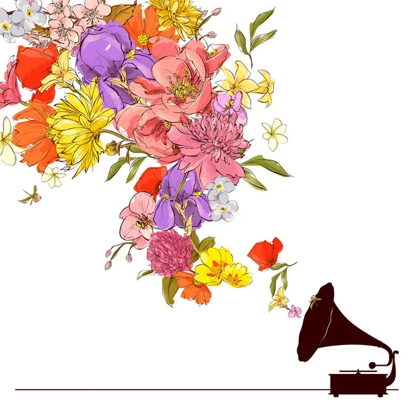 Illustration vectorielle abstraite du gramophone et des fleurs . — Image vectorielle