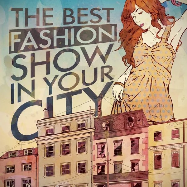 Fashion poster. Pretty girl on a city background. Watercolor st — Stock Vector