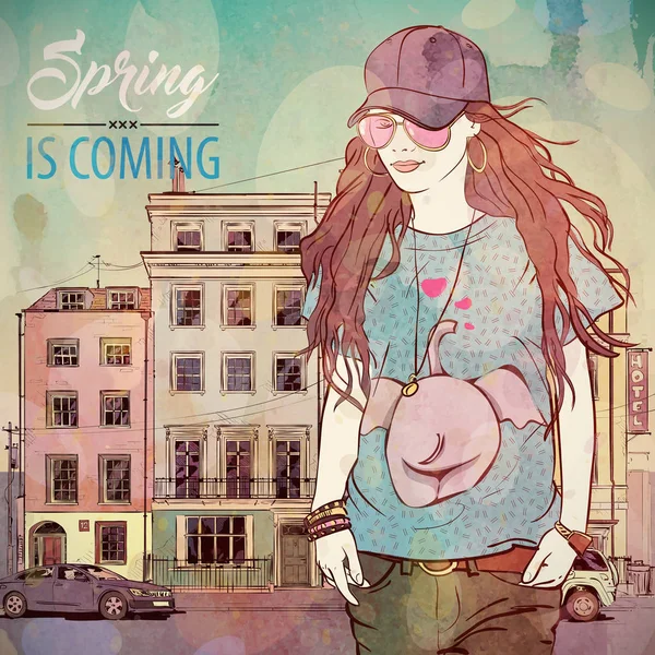 La primavera sta arrivando. Illustrazione di moda. Bella ragazza su una città ba — Vettoriale Stock