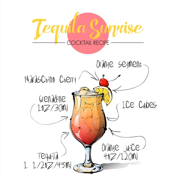 Illustrazione disegnata a mano di cocktail alba tequila. Coll vettore — Vettoriale Stock