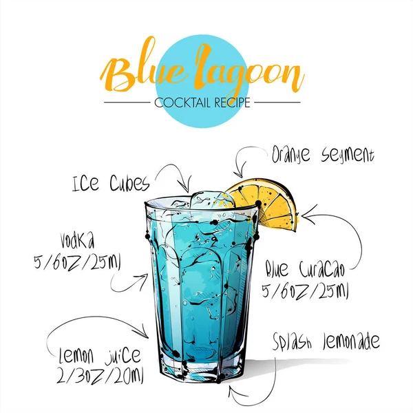 Illustration dessinée à la main du cocktail Blue lagoon. Vecteur collecti — Image vectorielle