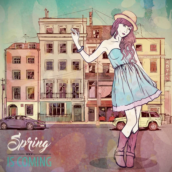 Spring is coming. Fashion illustration. Pretty girl on a city ba — Stock Vector