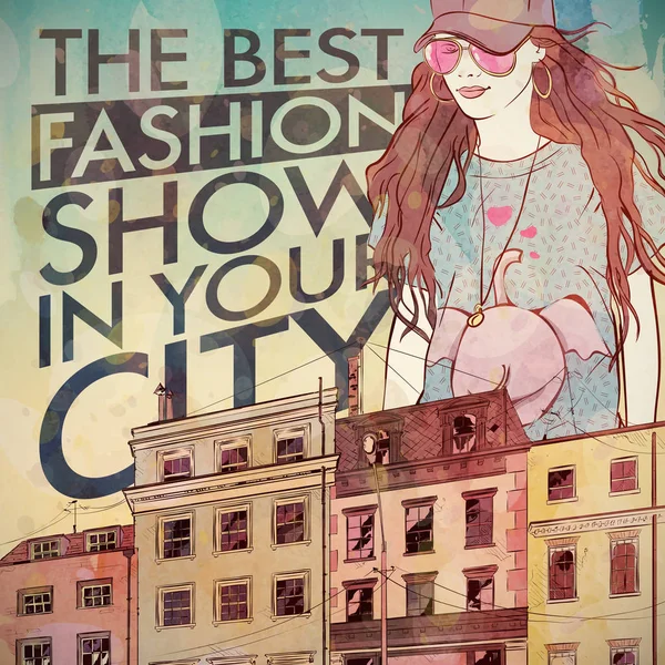 Fashion poster. Mooi meisje op een stads achtergrond. Aquarel St — Stockvector