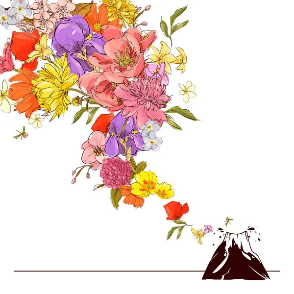 Abstract vector illustration of volcano and flowers. — Stock Vector