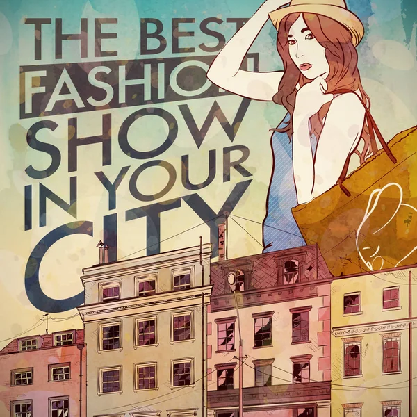 Affiche de mode. Jolie fille sur fond de ville. Aquarelle st — Image vectorielle