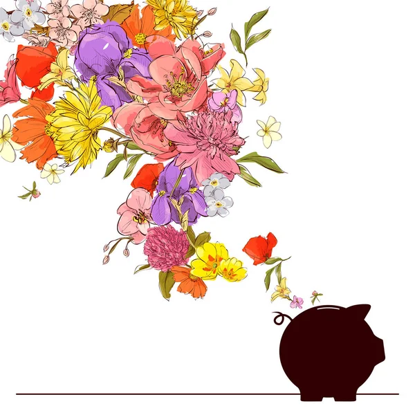 Abstract vector illustration of piggy bank and flowers. — Stock Vector