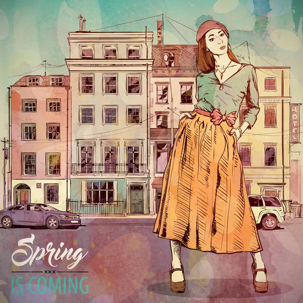 Spring is coming. Fashion illustration. Pretty girl on a city ba — Stock Vector