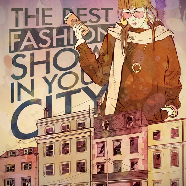 Fashion poster. Mooi meisje op een stads achtergrond. Aquarel St — Stockvector