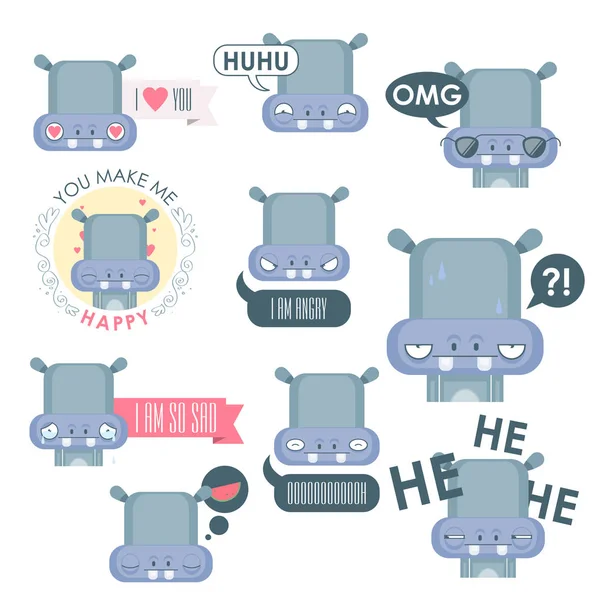 Vector set of hippo emoticons. Animal collection. — Stock Vector