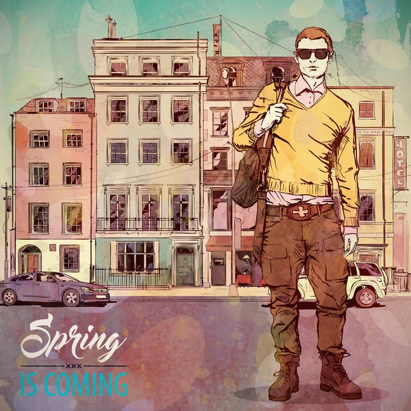 Spring is coming. Fashion illustration. Stylish dude on a city b — Stock Vector