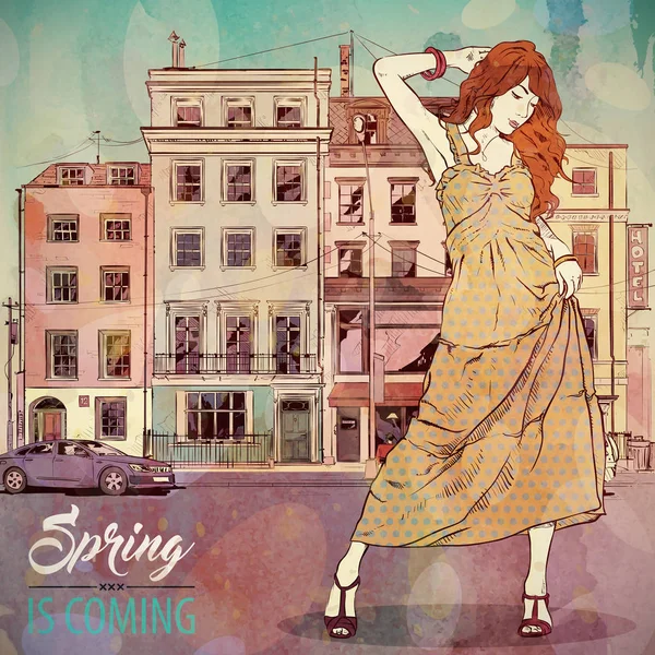 Spring is coming. Fashion illustration. Pretty girl on a city ba — Stock Vector