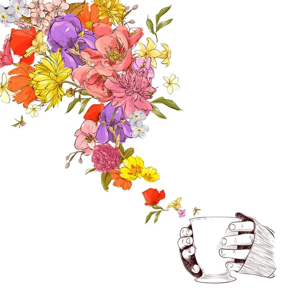 Ilustración vectorial abstracta de taza de té y flores . — Vector de stock