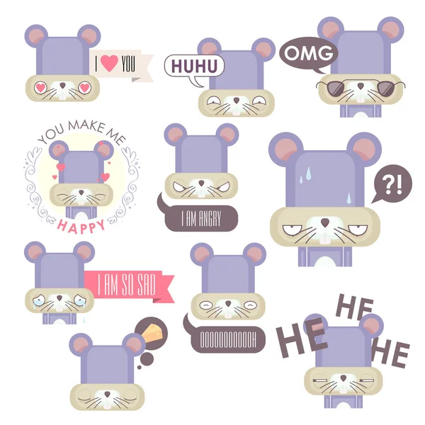 Conjunto vetorial de emoticons de rato. Colheita animal . — Vetor de Stock
