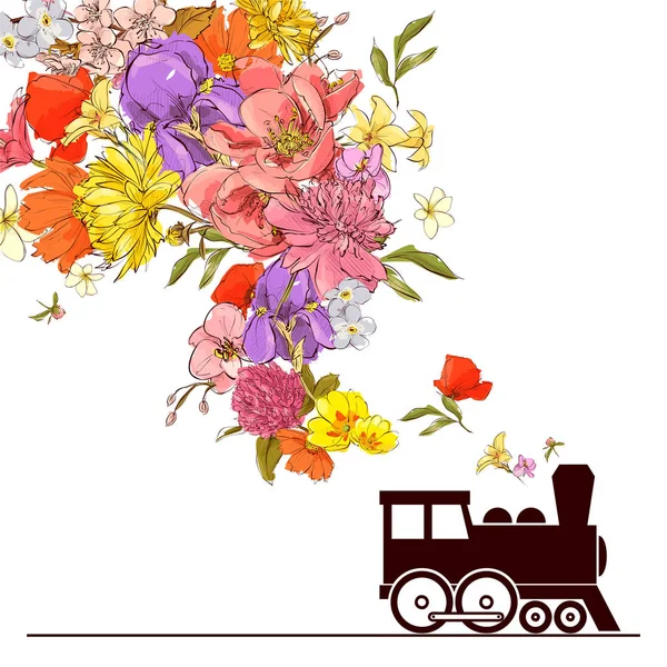 Abstract vector illustration of locomotive  and flowers. — Stock Vector