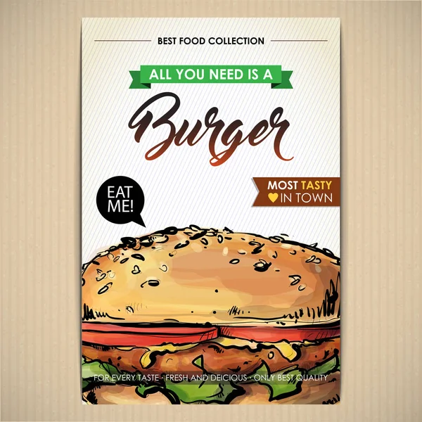 맛있는 햄버거 포스터. 스케치 + 수채화 스타일. 벡터 일러스트레이터 — 스톡 벡터
