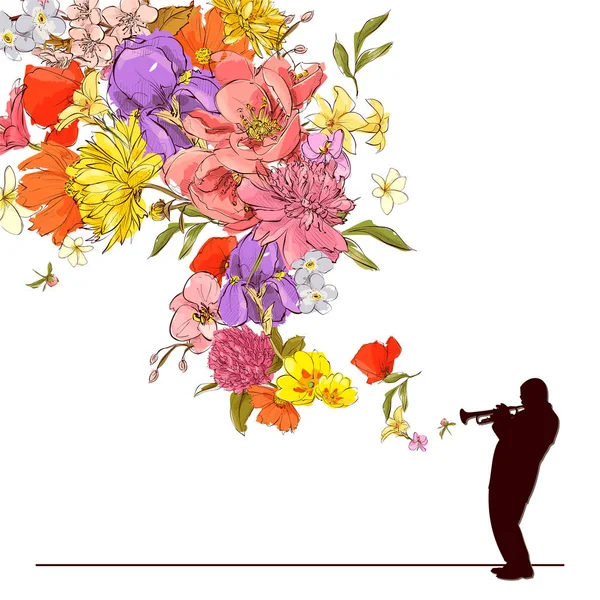 Abstrakte Vektorillustration des Jazzmachers und der Blumen. — Stockvektor