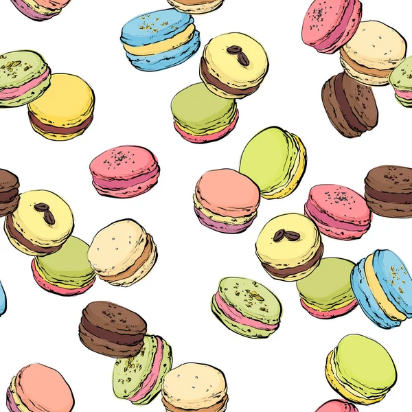 Macaroons seamless pattern. Vector, sketch style. — Stock Vector