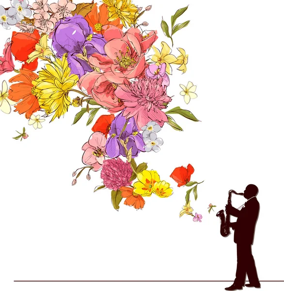 Abstract vector illustration of jazz maker and flowers. — Stock Vector