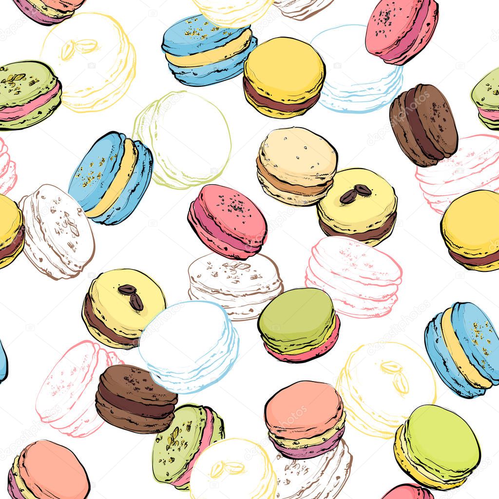Macaroons seamless pattern. Vector, sketch style.