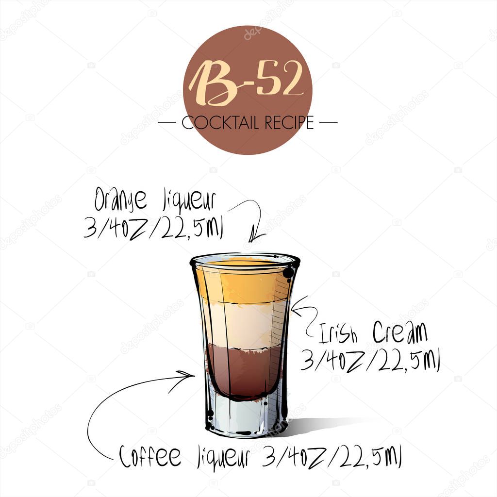 Hand drawn illustration of cocktail B-52. Vector collection.