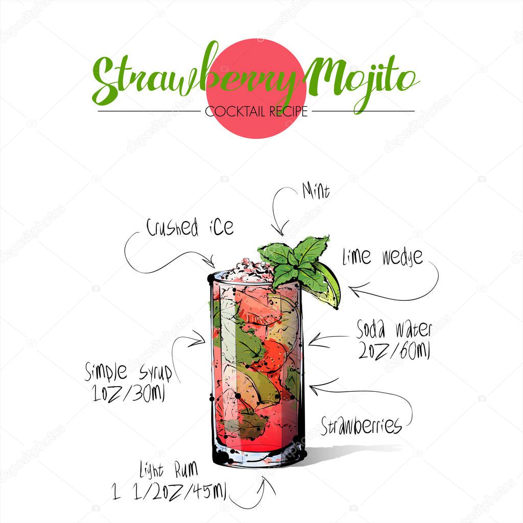 Hand drawn illustration of cocktail Strawberry mojito. Vector co