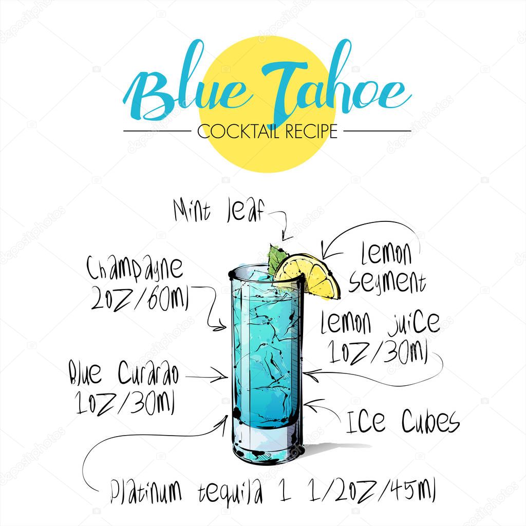 Hand drawn illustration of cocktail Blue tahoe. Vector collectio