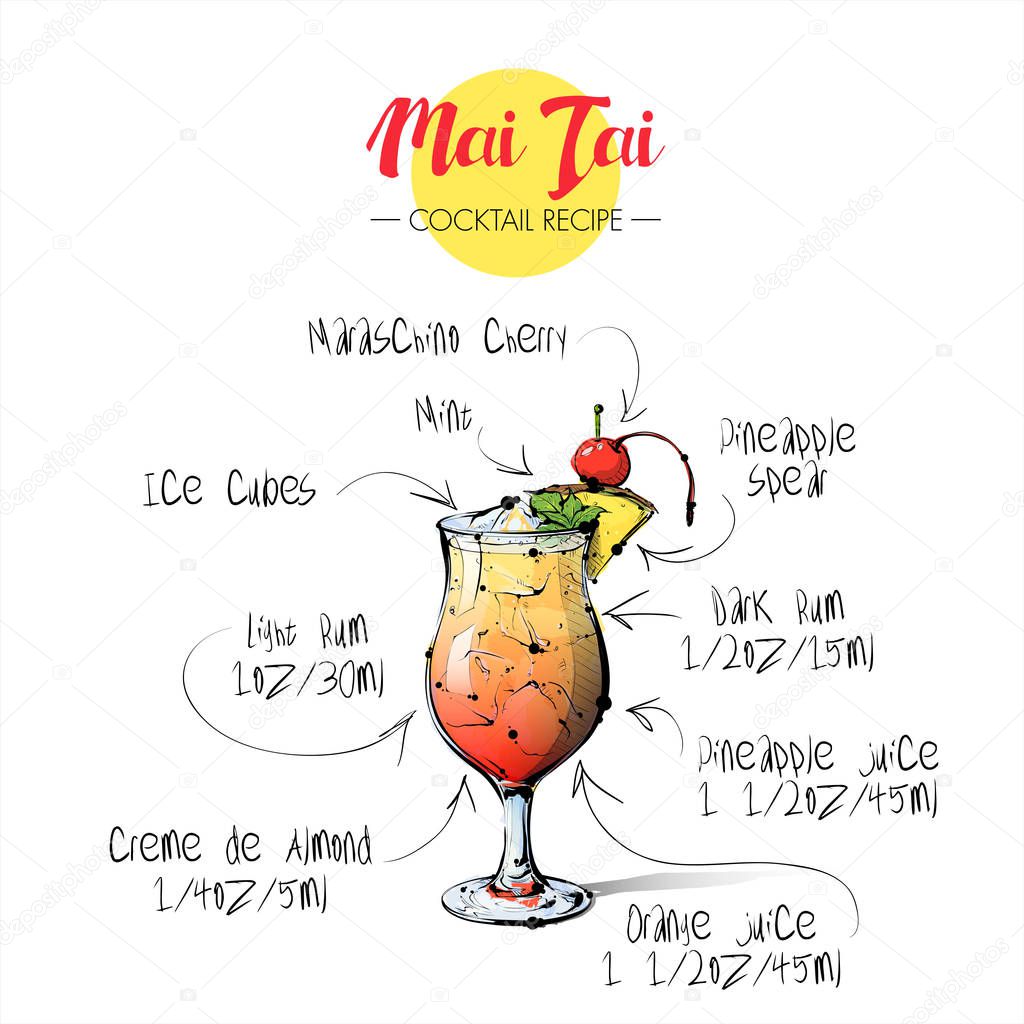 Hand drawn illustration of cocktail Mai tai. Vector collection.