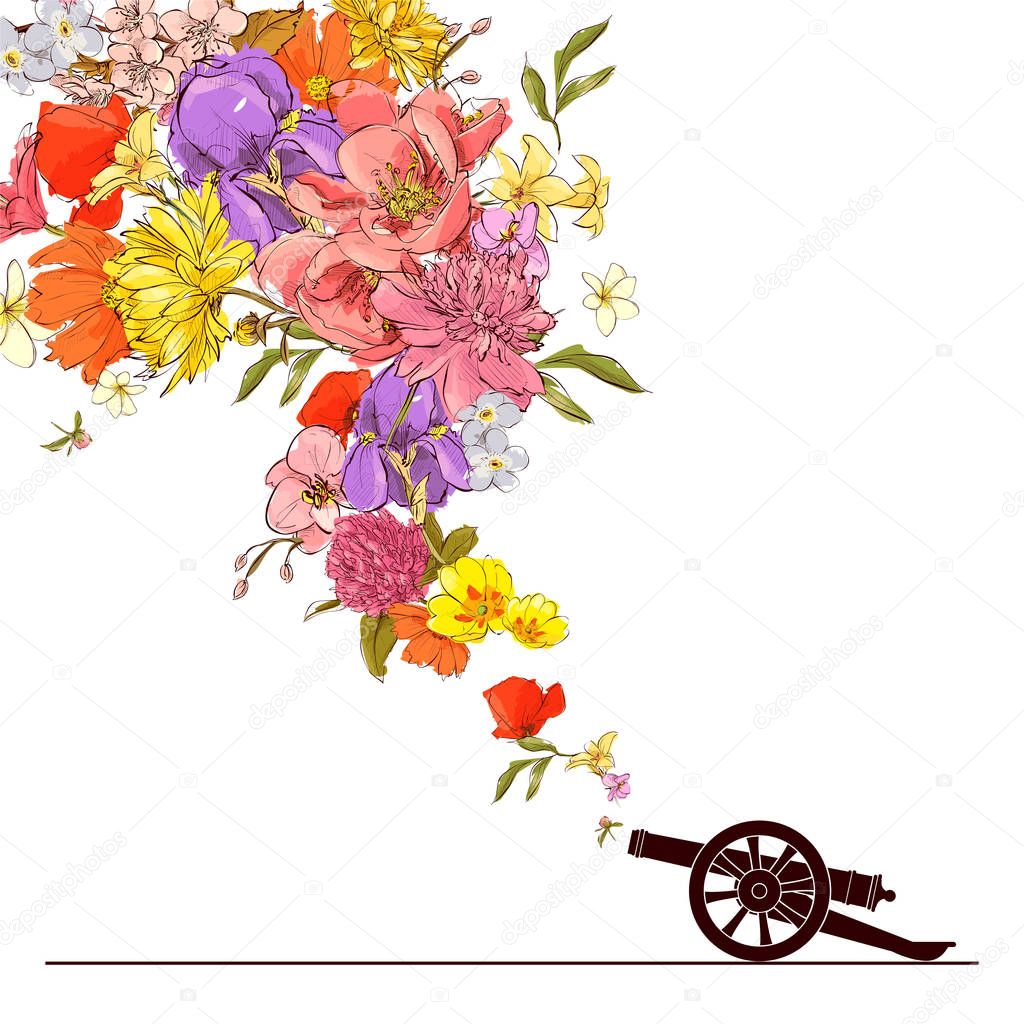 Abstract vector illustration of ancient artillery gun and flower