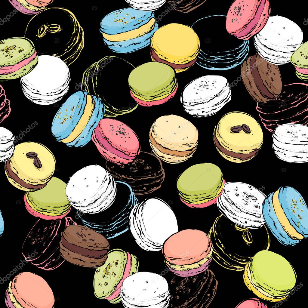 Macaroons seamless pattern. Vector, sketch style.