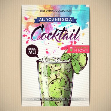 Kokteyl posteri. Suluboya + çizim stili.