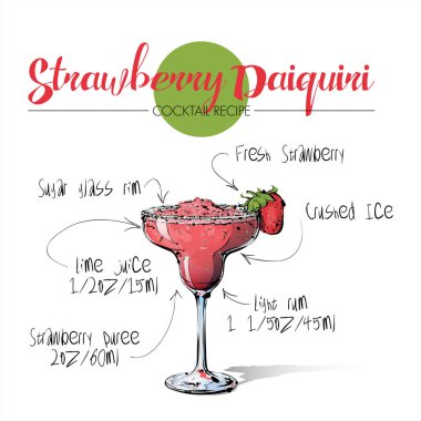 Kokteyl Çilek daiquiri el çizilmiş illüstrasyon. Vektör 