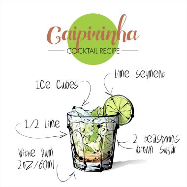 Kokteyl Caipirinha el çizilmiş illüstrasyon. Vektör kolleksiyonu