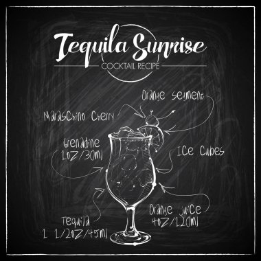 Bir tebeşir tahtası arka plan üzerinde el çizilmiş kokteyl illüstrasyon. Vektör toplama.