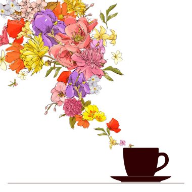 Çay bardağı ve çiçeklerin soyut vektör illüstrasyon.