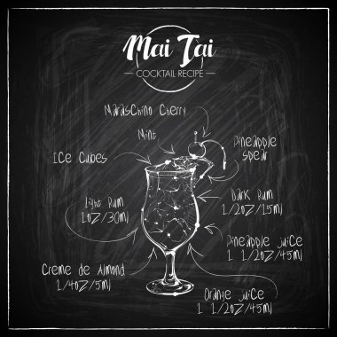 Bir tebeşir tahtası arka plan üzerinde el çizilmiş kokteyl illüstrasyon. Vektör toplama.