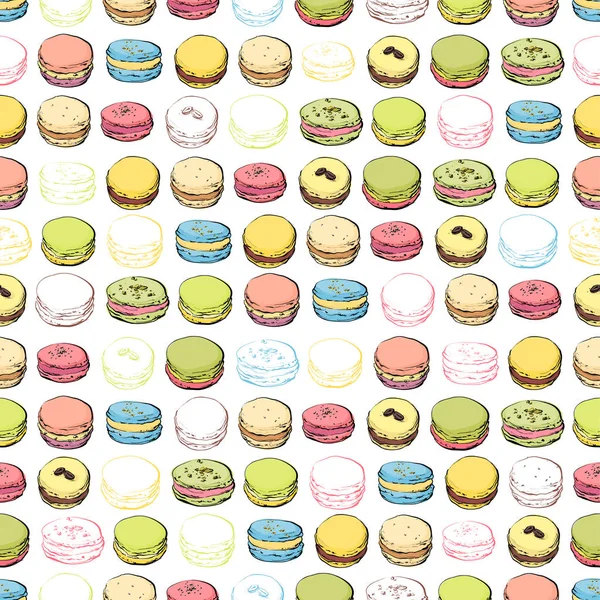Macaroons seamless pattern. Vector, sketch style. — Stock Vector