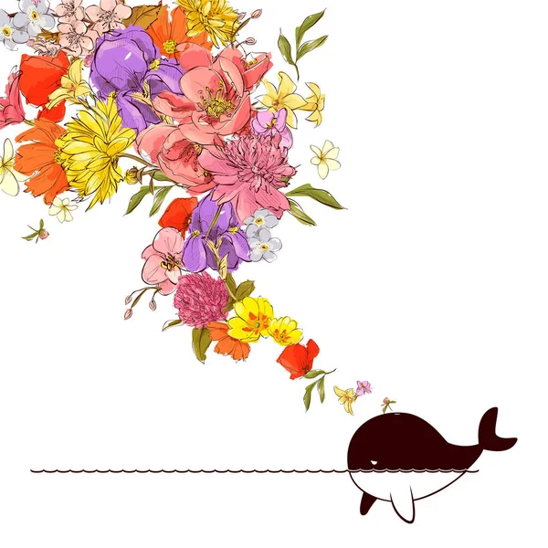 Abstract vector illustration of whale and flowers. — Stock Vector