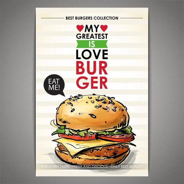 Affiche de hamburger savoureux. Croquis + aquarelle. Illustrat vectoriel — Image vectorielle