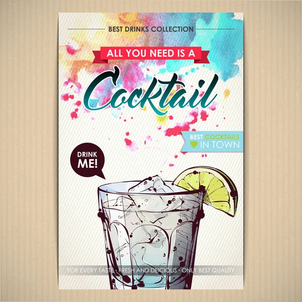 Cocktail poster. Aquarel + schets stijl. — Stockvector
