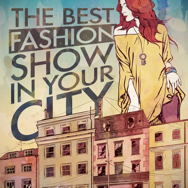 Fashion poster. Mooi meisje op een stads achtergrond. Aquarel St — Stockvector