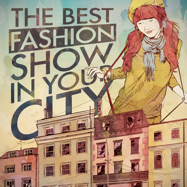 Fashion poster. Mooi meisje op een stads achtergrond. Aquarel St — Stockvector