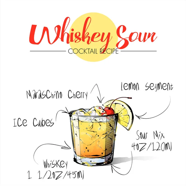 Hand drawn illustration of cocktail Whiskey sour. Vector collect — Stock Vector