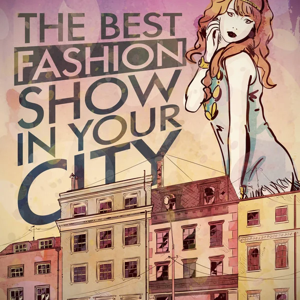Fashion poster. Mooi meisje op een stads achtergrond. Aquarel St — Stockvector