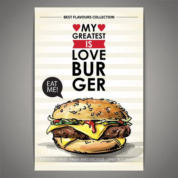 おいしいハンバーガーのポスター。スケッチ+水彩画スタイル。ベクターイラストレーション — ストックベクタ