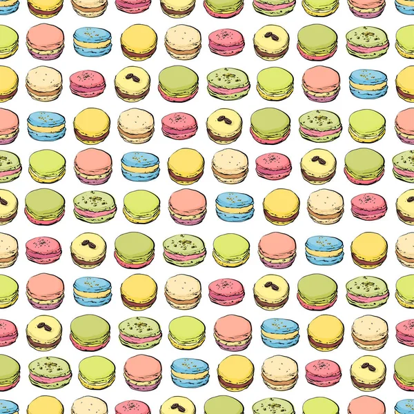 Macaroons seamless pattern. Vector, sketch style. — Stock Vector