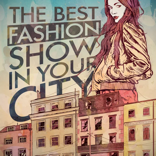 Fashion poster. Mooi meisje op een stads achtergrond. Aquarel St — Stockvector