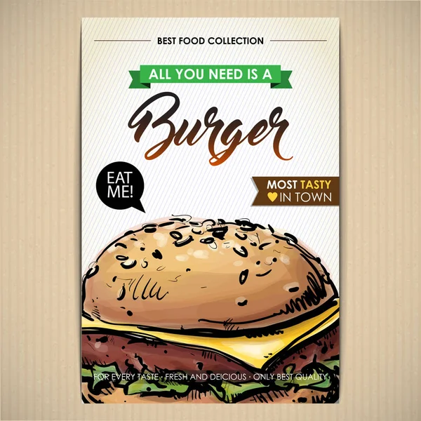 맛있는 햄버거 포스터. 스케치 + 수채화 스타일. 벡터 일러스트레이터 — 스톡 벡터