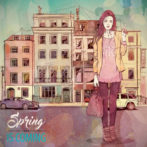 Spring is coming. Fashion illustration. Pretty girl on a city ba — Stock Vector