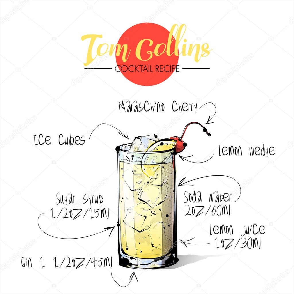 Hand drawn illustration of cocktail Tom Collins. Vector collecti