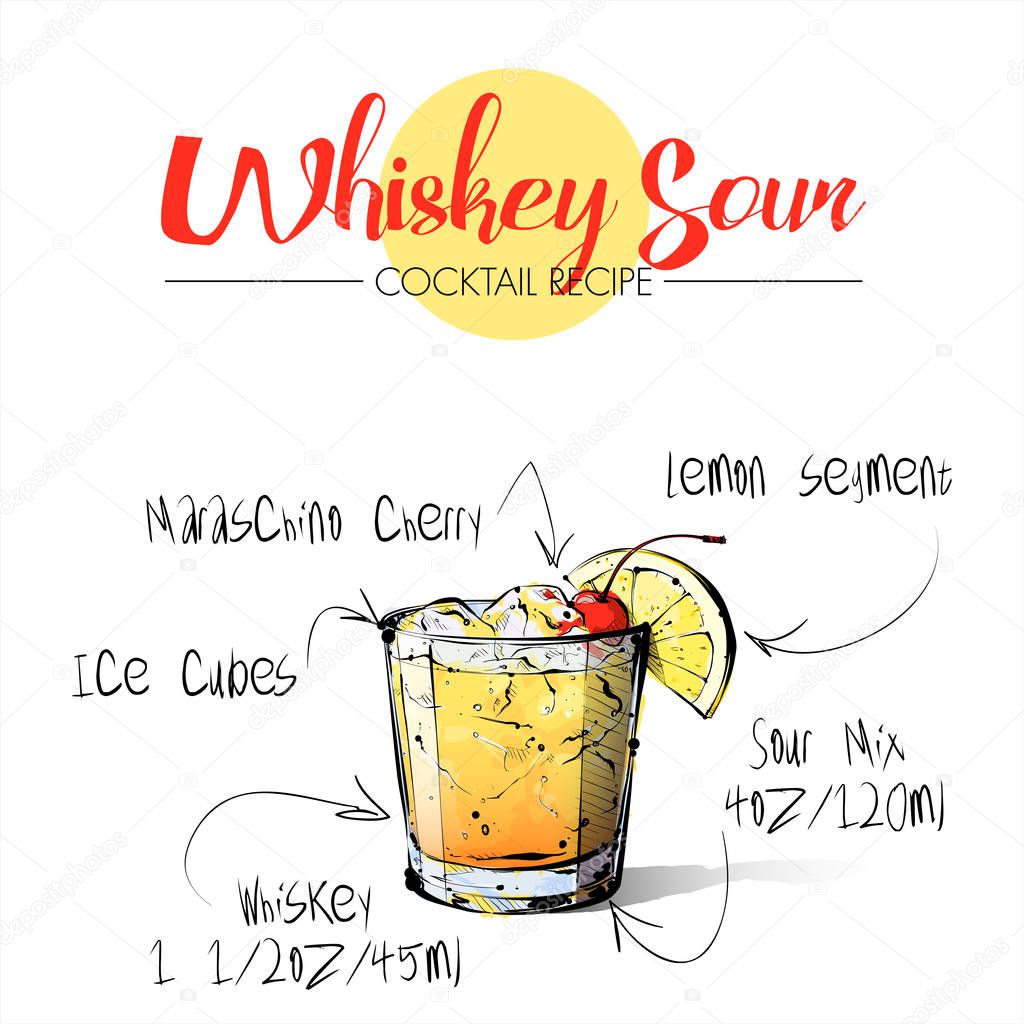 Hand drawn illustration of cocktail Whiskey sour. Vector collect